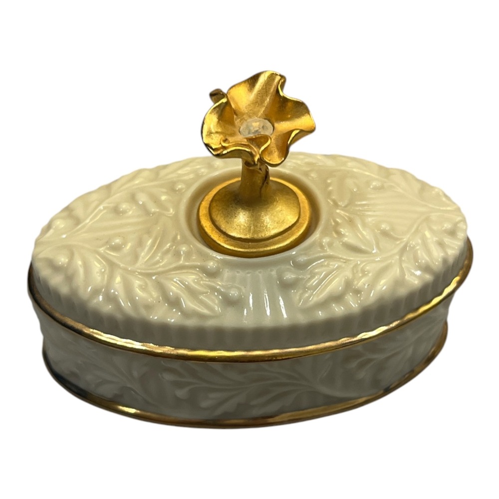 Lenox China Treasures April Birthstone Trinket Box Ivory Gold Flower Crystal